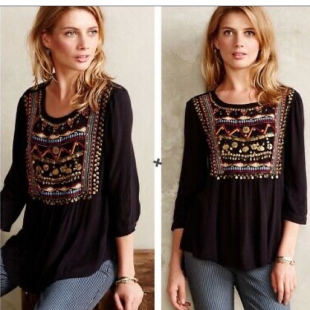 Anthropologie HD in Paris Black Embellished Blouse Size 4